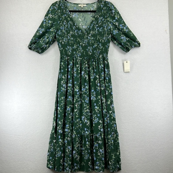 Angels Women’s Dress Size S Green & Blue Floral Elastic Front Tiered Skirt NWT - Picture 1 of 13